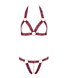 Soutien-gorge ouvert et string rouge à larges bandes sexy - R2213010